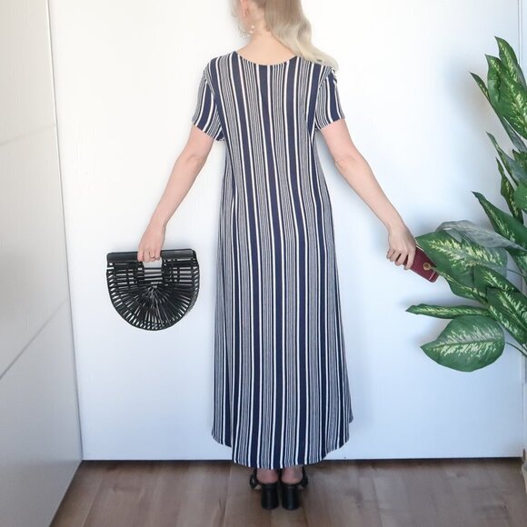 Zara Navy & White Striped Knitted Short Sleeve Loose Fit Maxi Dress Size M - Picture 4 of 12